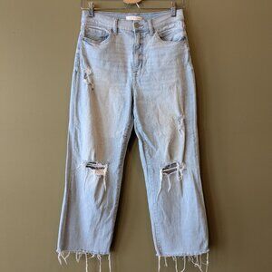 Eunina Dawn High Rise Wide Leg Crop Denim Jeans Size 9 29 Distress Fray Rip Hem